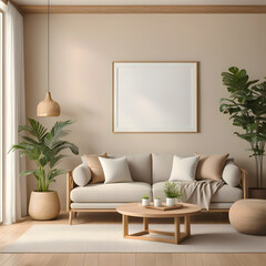3d render, Mock up frame in cozy home interior background, coastal style bedroom