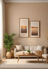 3d render, Mock up frame in cozy home interior background, coastal style bedroom