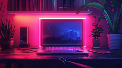 flat 80s style synthase illustration close up laptop neon on dark, work from home