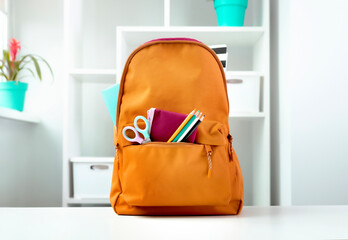 Orange backpack with school supplies on table indoors.