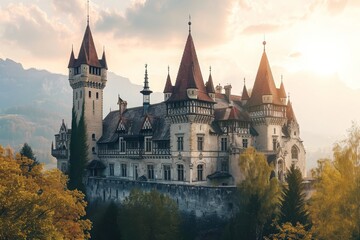An ancient castle featuring multiple towers rising dramatically above its architectural beauty, A medieval castle with towering spires, AI Generated - obrazy, fototapety, plakaty