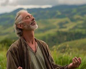 A man with a beard and gray hair is standing in a field, looking up at the sky. He is in a peaceful and contemplative mood