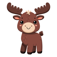 Cute happy little funny elk. Сute autumn forest animal isolated on white background. Flat vector illustration. Fall season stickers and clipart.