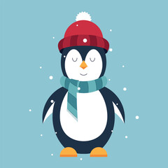 A cute cartoon penguin, wearing a warm hat and scarf, enjoys a snowfall on a chilly winter day.