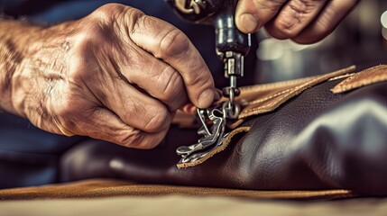 Using traditional tools, the master painstakingly punches holes along the edges of the leather, preparing it for stitching - obrazy, fototapety, plakaty