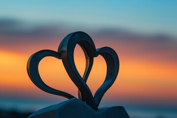 Sculpture of Two Hearts in Front of a Sunset, A minimalist, abstract image of two intertwined hearts against a sunset skyline, AI Generated