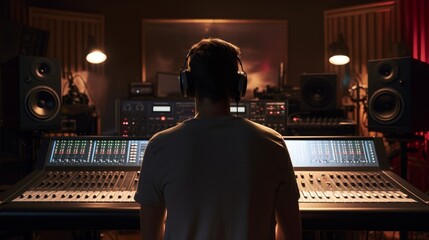  A male artist in a soundproof studio recording