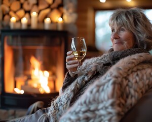 A woman is sitting in front of a fireplace, holding a glass of wine. Concept of relaxation and warmth, as the woman enjoys her drink while surrounded by the cozy atmosphere of the fireplace