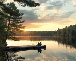 A couple is sitting on a dock by a lake, enjoying the sunset. The water is calm and the sky is filled with clouds