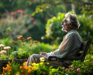 An older man sits on a bench in a park, surrounded by flowers. Concept of tranquility and relaxation, as the man enjoys the peaceful atmosphere of the garden
