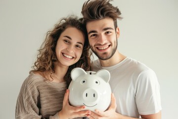 Happy young couple smiling, holding big white piggy bank isolated on light background