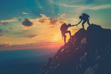 Silhouettes of two people climbing on mountain and helping each other get to the top - obrazy, fototapety, plakaty