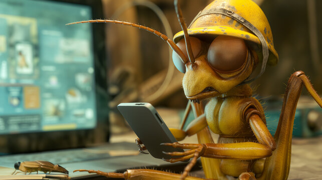 Insekten Tiere Käfer Heuschrecke Spinne Grashüpfer Ameise vor einem Laptop mit Handy Digitalisierung lustig dargestellt freigestellt und isoliert einfarbiger Hintergrund Fernunterricht Generative AI