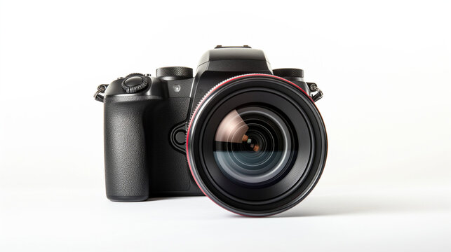 close up of digital camera and lens on white isolate background equipment gear of photographer for shutter a picture, aperture shutter focus as professional