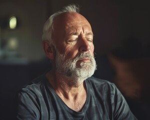 A man with a beard and gray hair is sitting in a dark room. He is looking away from the camera and he is in a contemplative mood