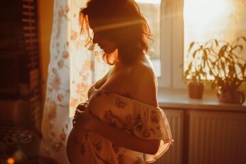pregnant young woman with belly in front of sunny window