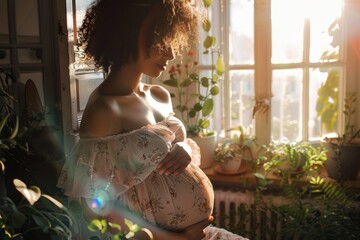 pregnant young woman with belly in front of sunny window - obrazy, fototapety, plakaty