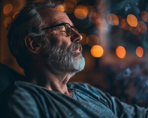 A man with glasses is sitting on a couch and looking at something. The image has a mood of contemplation and relaxation