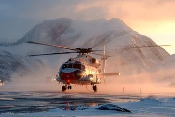 Poster Landing rescue helicopter sun set background © Igor
