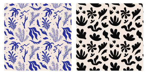 Abstract cutout flowers, leaf and plants shapes seamless vector patterns with floral illustrations in funky groovy style in blue. Perfect for wrapping paper, textile, print, wallpaper, fabric decor