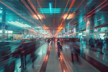 Long exposure photo of a bustling customs area motion blured - obrazy, fototapety, plakaty