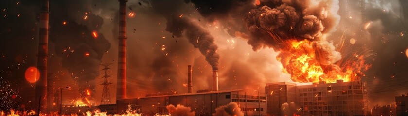 Realistic scene of a fireball explosion near a power plant, with dense, ominous black smoke