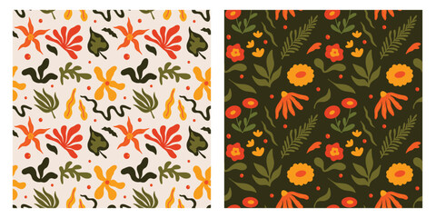 Set of seamless floral colorful vector patterns with abstract flowers, leaf and plants illustrations in cartoon funky groovy style, Perfect for wrapping paper, textile, print, wallpaper, fabric decor