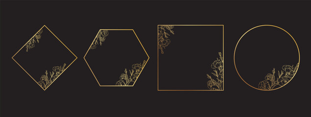 Luxury floral geometric frames, golden botanical border design, elegant line art design of flowers and leaves frames for invitation. Vector illustration