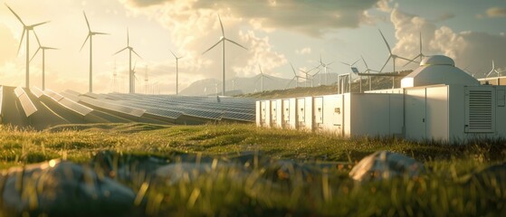 Hyper-realistic battery energy storage system in the foreground, with towering wind turbines and vast solar fields beyond - obrazy, fototapety, plakaty