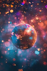 Fototapeta na wymiar Glittering disco ball with rainbow lights and bokeh effect, bringing a party atmosphere to life