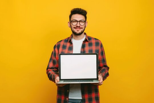 Man in causal clothing holding laptop yellow background