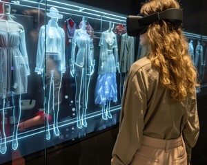A woman is looking at a display of clothes on a screen. The clothes are displayed in a virtual reality setting, and the woman is interested in them