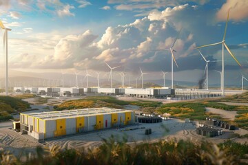 Realistic battery energy storage hub, serving as the heart of a renewable power grid with wind and solar inputs
