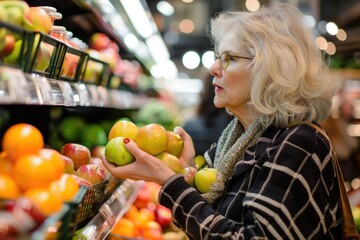 Mature beautiful woman shopping in grocery store select fruits - obrazy, fototapety, plakaty