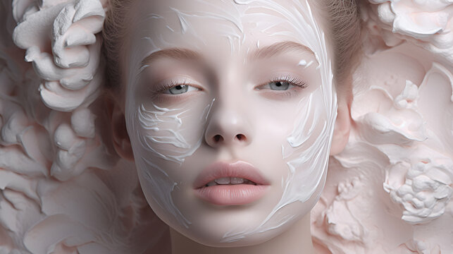 Beautiful cute face of a girl as a face care relama or an art object, strokes of white cream are applied to light skin, a delicate light background in the form of fabric or bizet