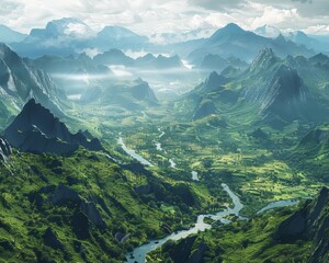 A mountain range with a river running through it. The mountains are covered in lush green trees and the sky is cloudy. The scene is peaceful and serene, with the mountains