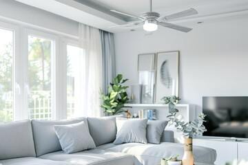 Modern white Ceiling Fan in a Cozy Living Room, copy space