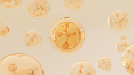 Cosmetic 3d Golden liquid bubbles on a bright background. Molecule inside a liquid bubble. Moisturizing Cream and Serum Concept. Vitamin for personal care and beauty concept. 