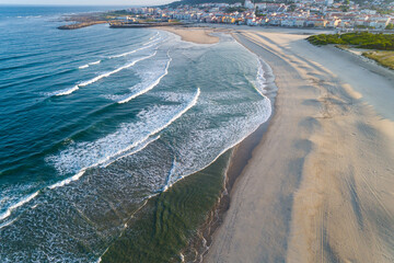 drone view of Vila Praia de Ancora beach, Viana do Castelo. North of Portugal.