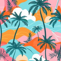 Fototapeta na wymiar Sunset palms cast a warm glow over a pastel beachscape.