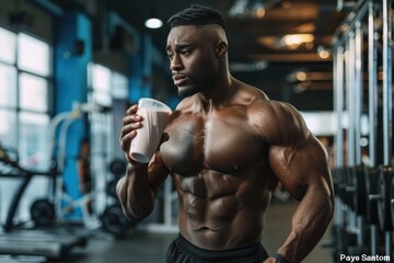 Fototapeta na wymiar Muscular man holding protein shake in gym