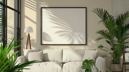 Living room, sitting room, close up of mock-up of framed print on wall with black border. Generated AI.