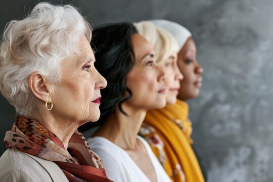 Multi-ethnic diversity and beauty. Group of different ethnicity old women in profile