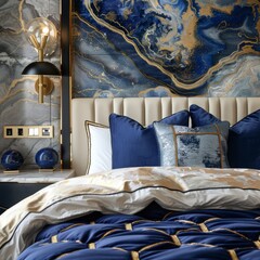 Golden Lapis Lazuli Blue Interior - Blue and Gold Bed Room Backdrop - Beautiful Bright Bed Room Indoor Background - Lapis Lazuli Golden Bed Room Design created with Generative AI Technology