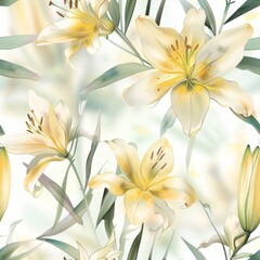 Fototapeta na wymiar Watercolor lilies in a dreamy pastel palette form a tranquil seamless pattern, ideal for serene decor themes and soft fabric designs.