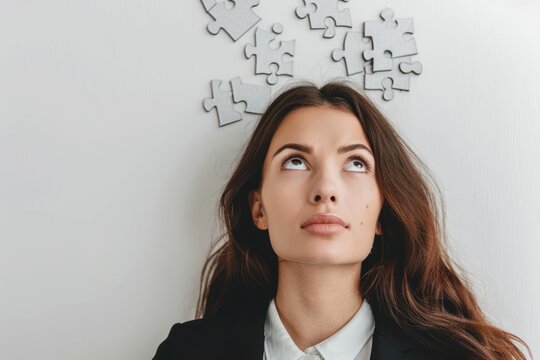 Puzzle headed thoughtful businesswoman portrait. Solution, decision and brainstorm concept