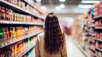 Female shopper browsing groceries in busy supermarket