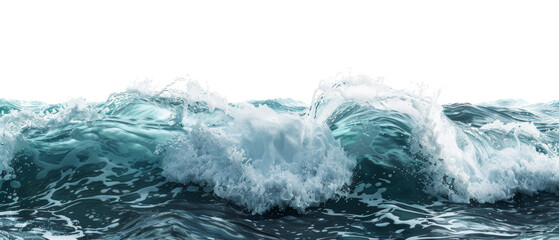 Turquoise ocean waves cresting with foam isolated on transparent background