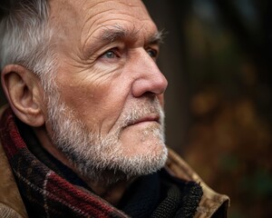 A man with a beard and white hair is wearing a scarf and looking at the camera. He is a bit sad or contemplative
