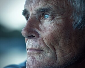 A man with a blue eye stares out the window. The man is old and has a lot of wrinkles on his face